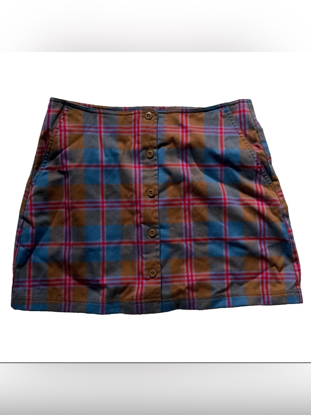 Obey Brown and Blue Plaid Joanne Button-Front Mini Skirt with Red Accents